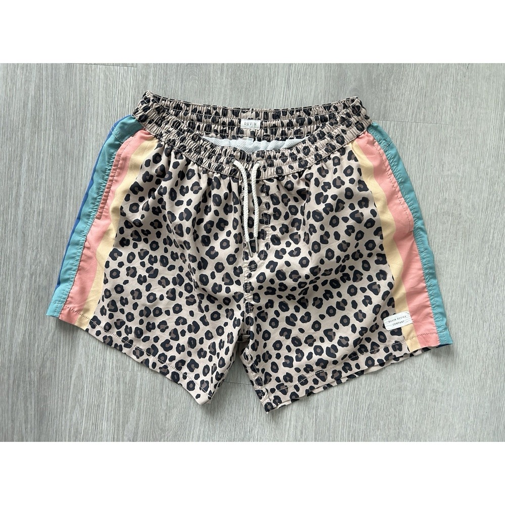Duvin Swim Trunks Mens Medium Rainbow Leopard Stripe Mesh Lined Nautical Coastal